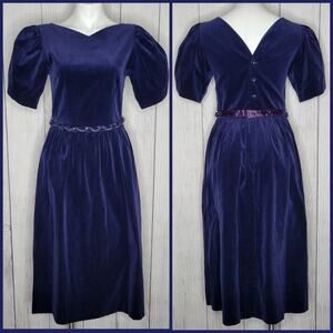 Vintage 80s Blue Velveteen Puff Sleeve Midi Dress with Braided Belt, size 9/10